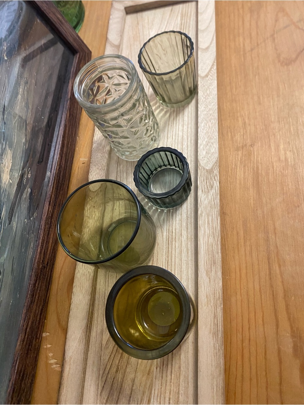 Light Wooden Tray with Set of 5 Glass Votive Candle Holders